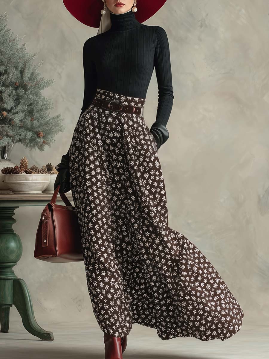 Ensemble élégant rétro : haut col roulé noir et jupe longue marron à imprimé flocon de neige