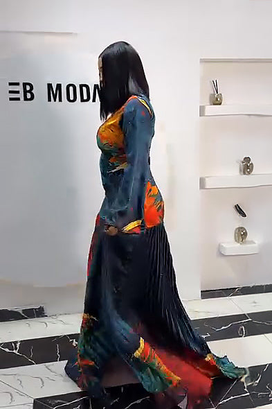 Artistic Print Deep V Pleated Maxi Dress