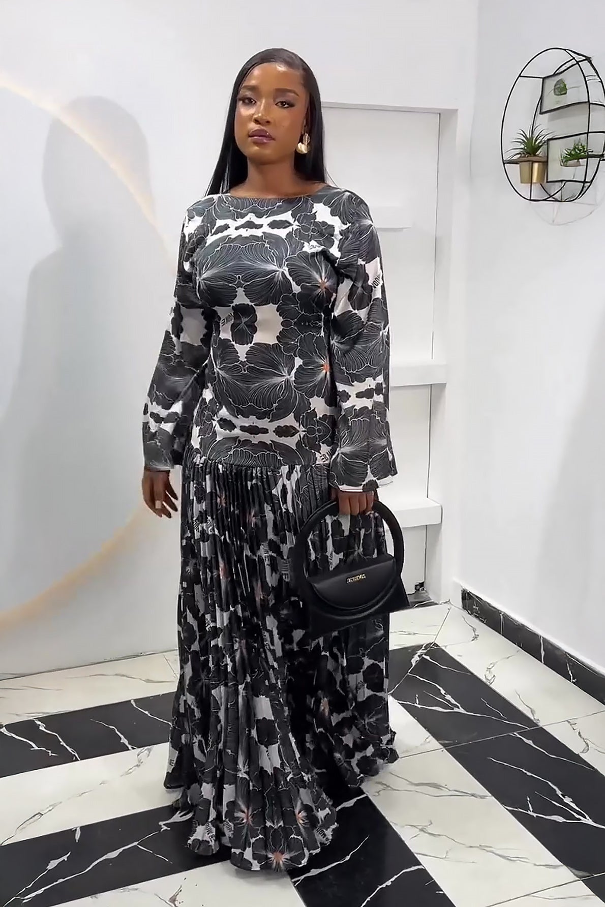 Luxe Deep-V Back Printed Pleated Maxi Dress