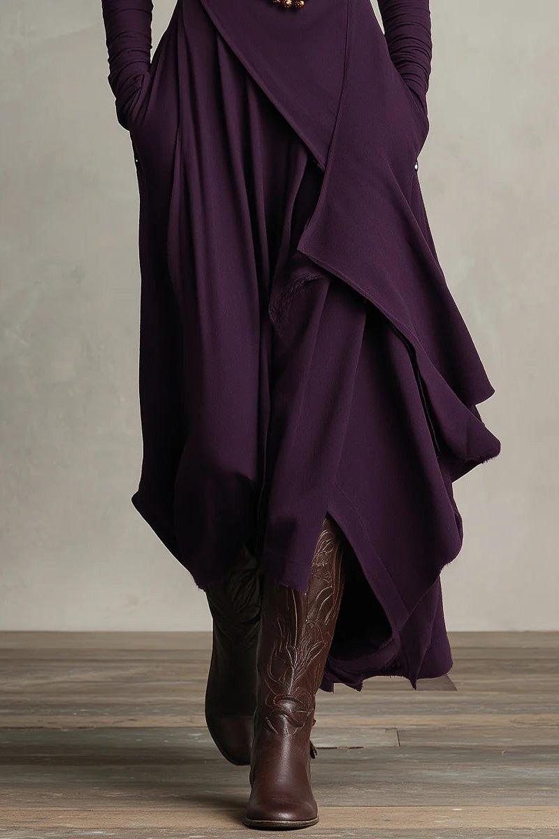 Abito Maxi Plissettato Asimmetrico Viola con Collo Alto