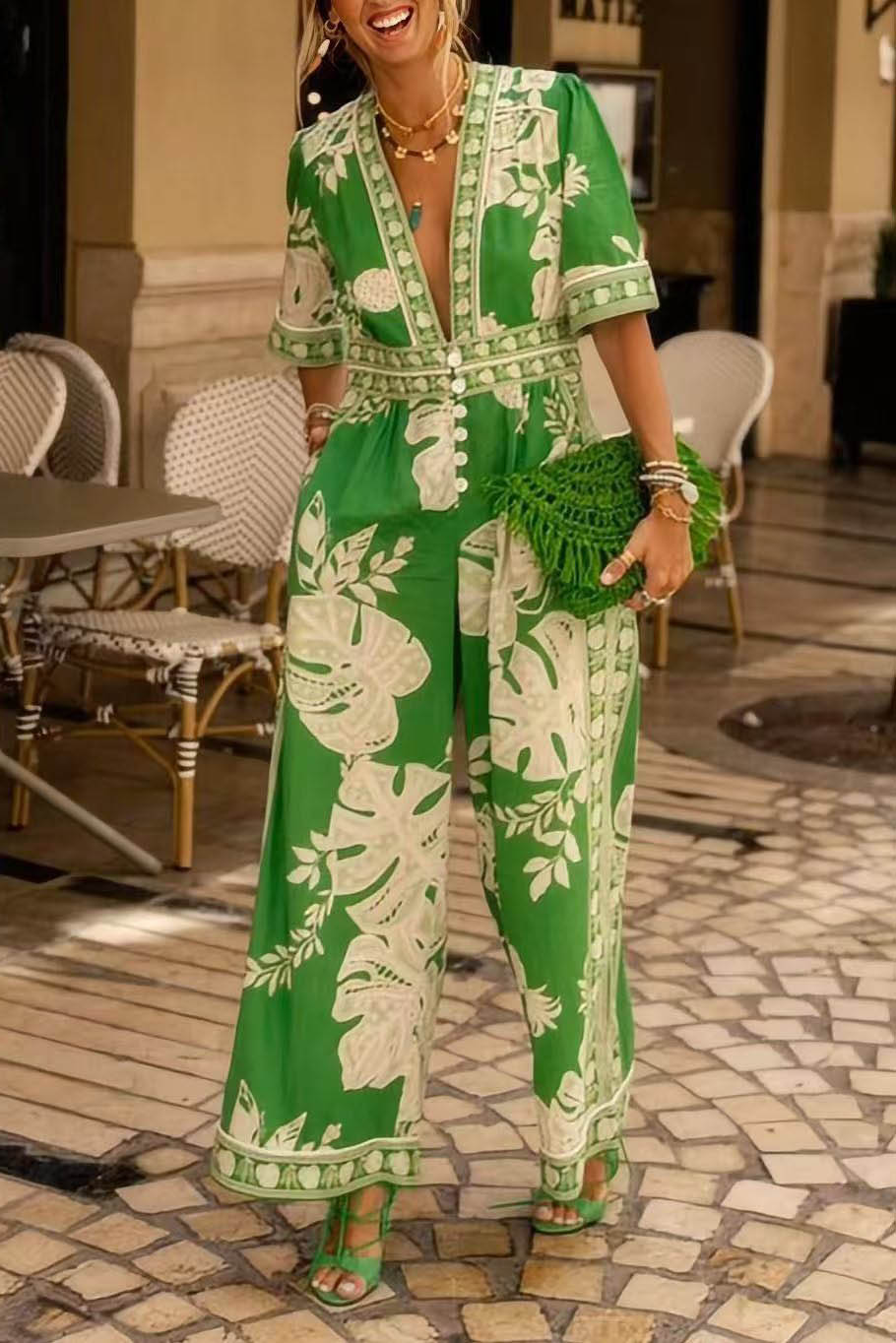 Conjunto De Pantalones Con Mangas De Murciélago Y Estampado Floral De Satén Fino - Naranja
