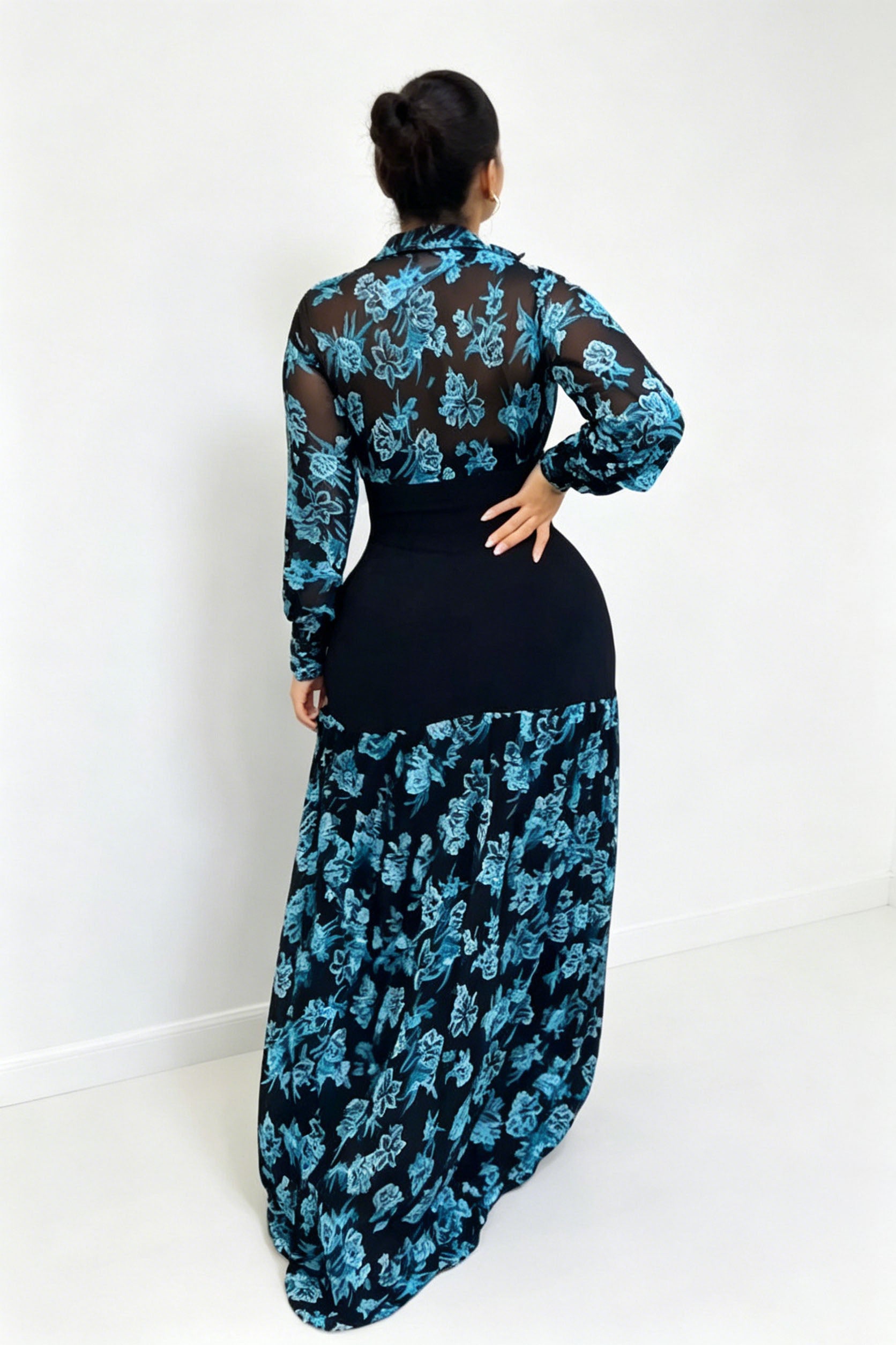 Stand Mesh Color Block Maxi Dress