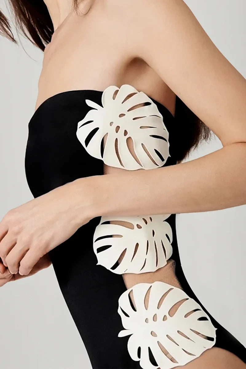Leaf Patchwork Cutout Strapless Swimsuit