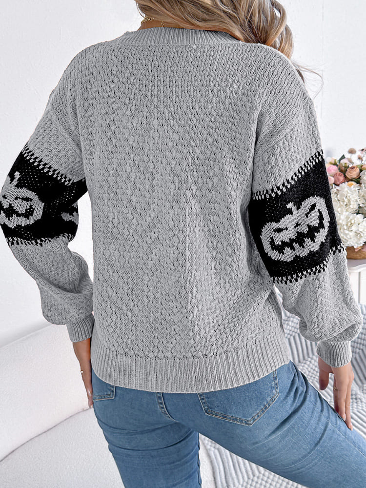 Maglione lavorato a maglia girocollo color block con testa di zucca di Halloween