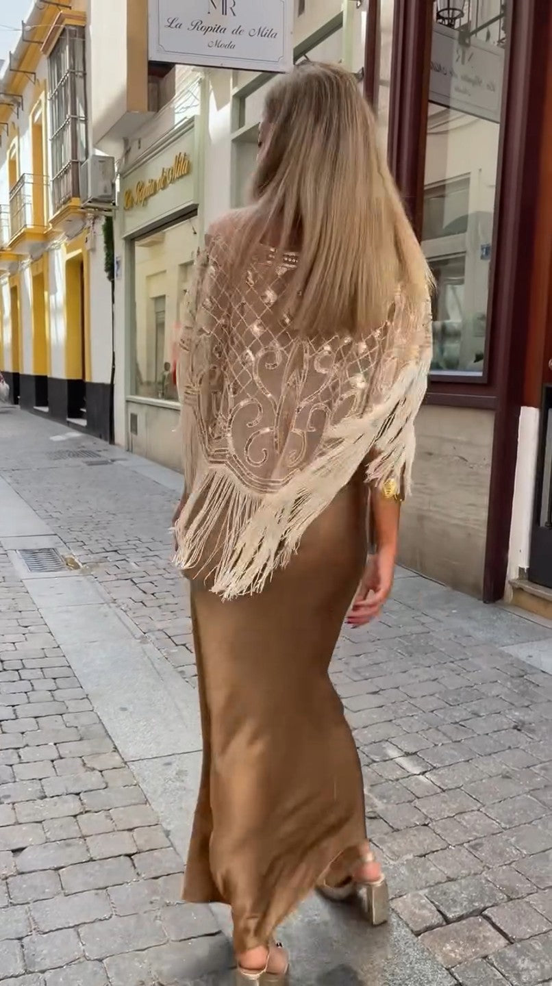 Party Ready Sequin Fringe Cape Satin Dress