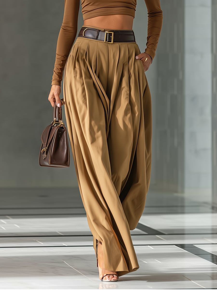 Conjunto para mujer de top marrón mezclado y pantalones de pierna ancha