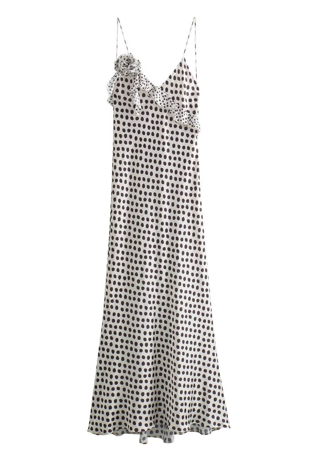 Vestido largo con tirantes y volantes de guipur con estampado de lunares de fantasía