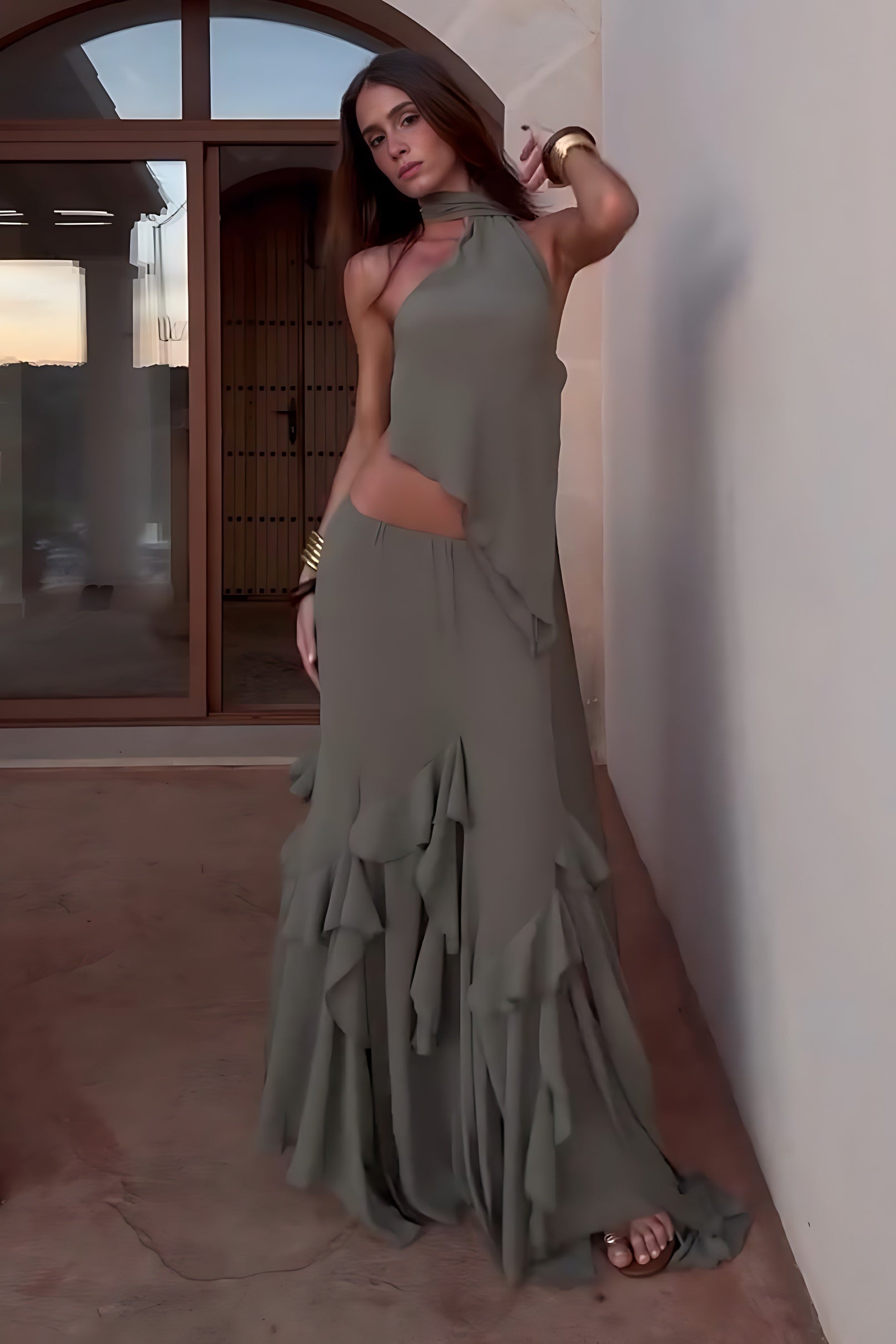 Olive Mirag Draped Ruffle Skirt Set