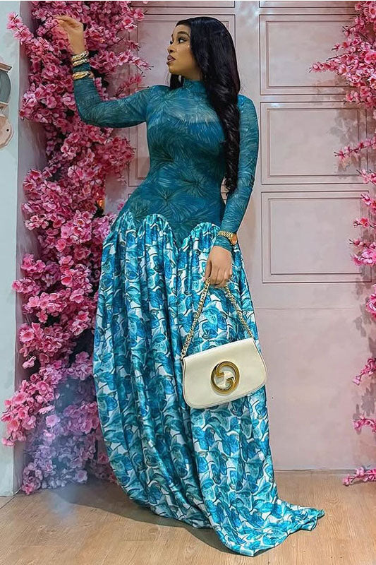 Eğlenceli Istakoz Baskılı Akışkan Maxi Elbise