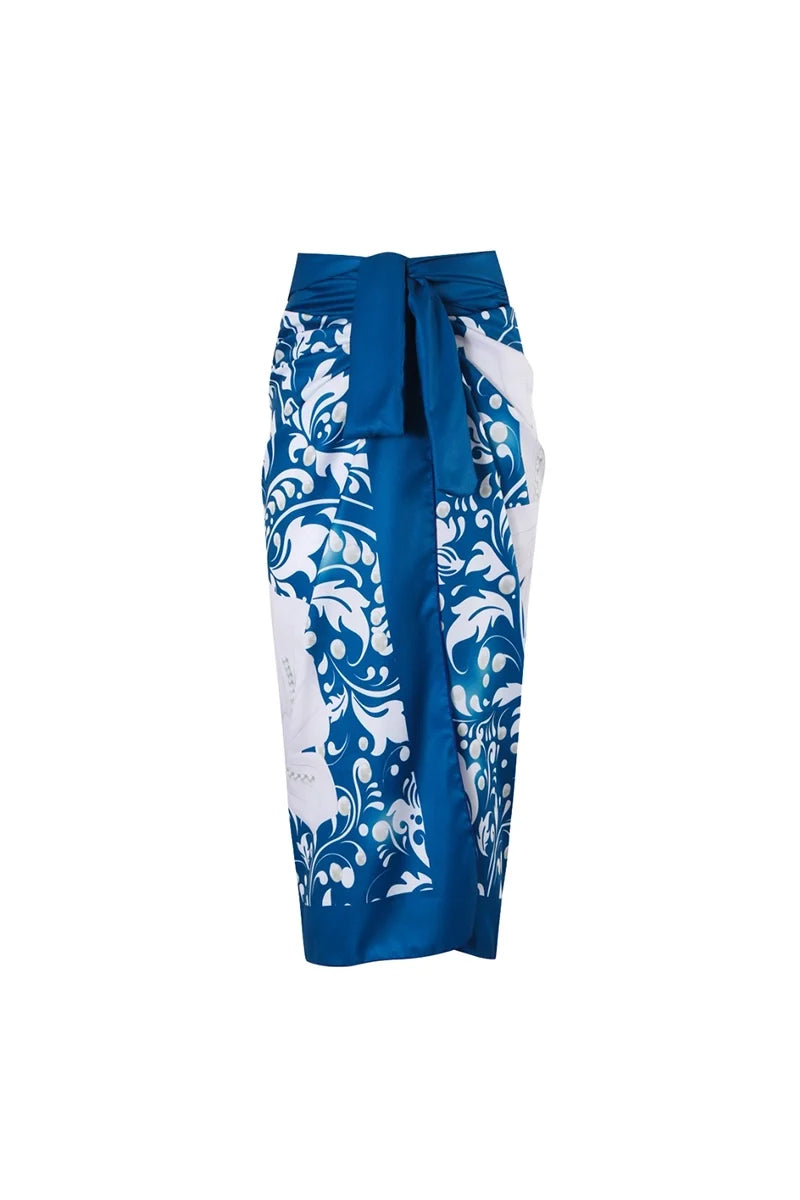 Blue Swimsuit Set Pearl Floral Accents