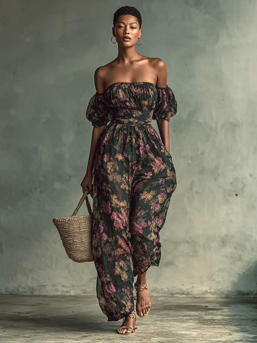 Mono corto de mujer con estampado floral de gasa, estilo bandeau y manga corta, con cintura ajustada