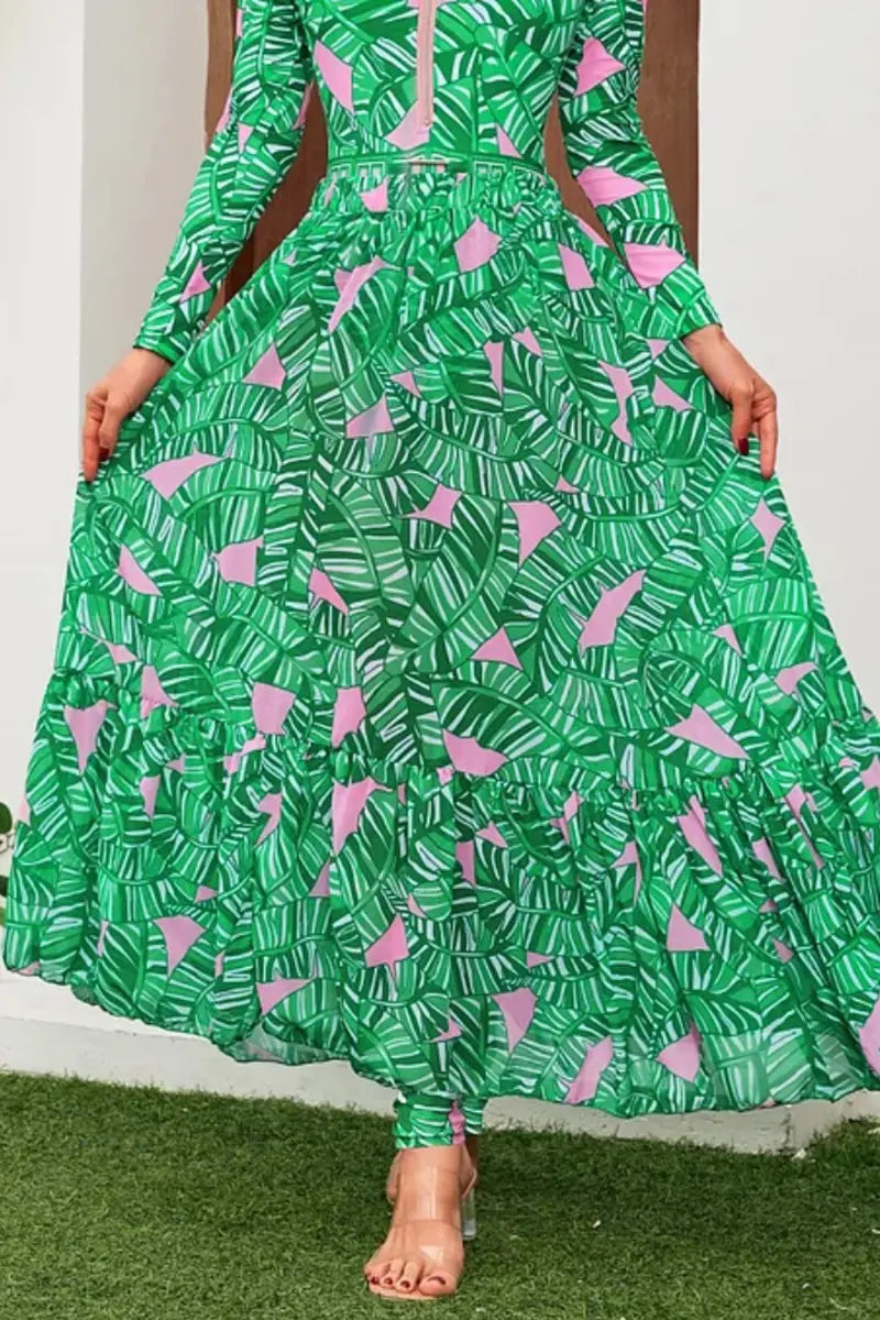 Green Zip Long Sleeve Printed Surf Swimsuit Set