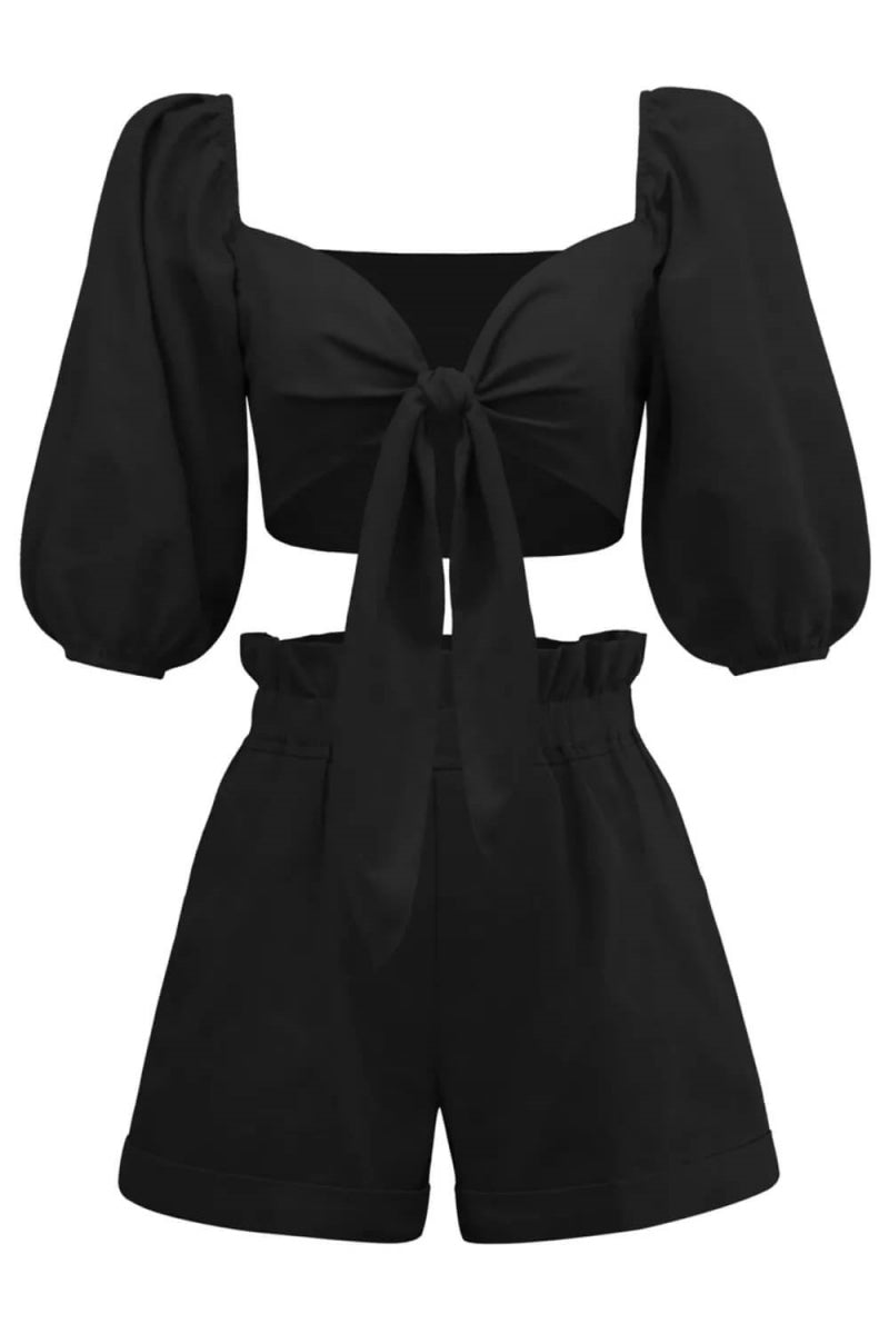 린넨 랩 프론트 타이 퍼프 슬리브 반바지 세트