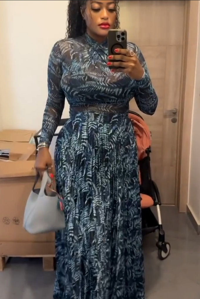 Mesh Pleated Abstract Maxi Dress