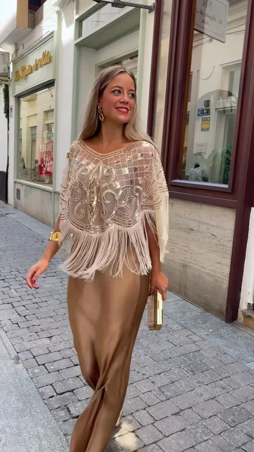 Party Ready Sequin Fringe Cape Satin Dress