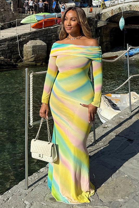Asymmetric Rainbow Fishtail Maxi Dress