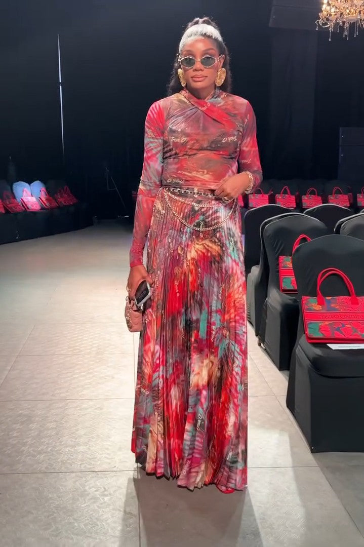 Red Multicolor Abstract Print Mesh Top & Pleated Skirt Set