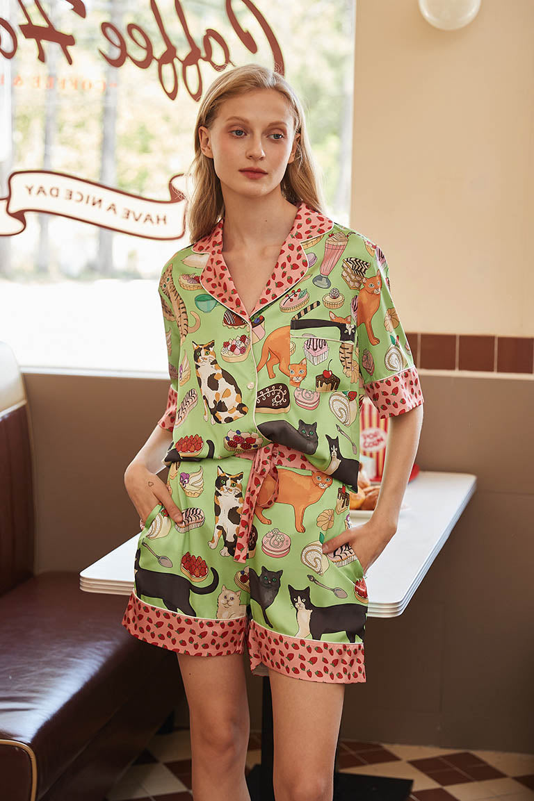 Pyjama-Set mit Shorts und Kaffeekatze