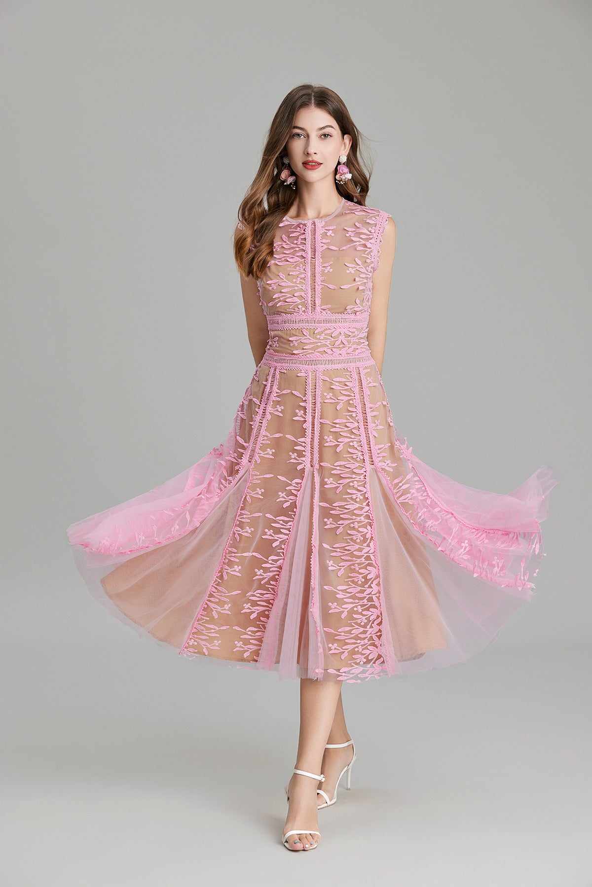 Maëlle Round Neck Mesh Embroidered Midi Dress In Beige