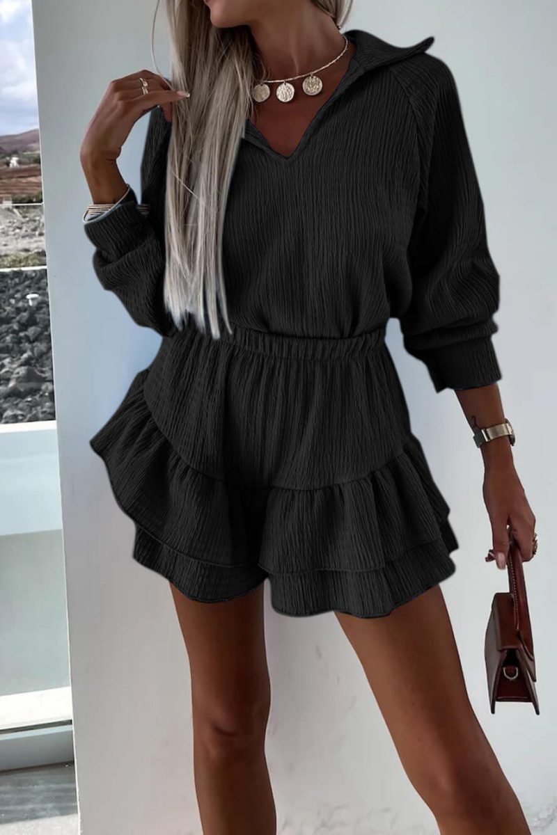 Ensemble deux pièces chemise et jupe-short évasée à col en V pour femme