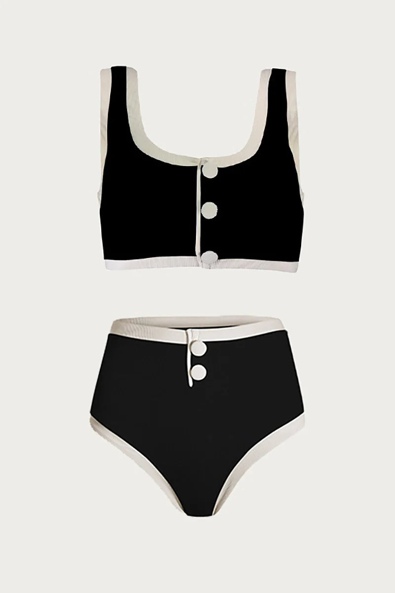 Elegant Contrast Button Detail Two-Piece Swimsuit