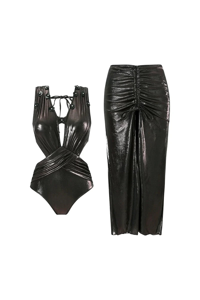 Black Sequin Appliqué Cutout Glossy Swimsuit