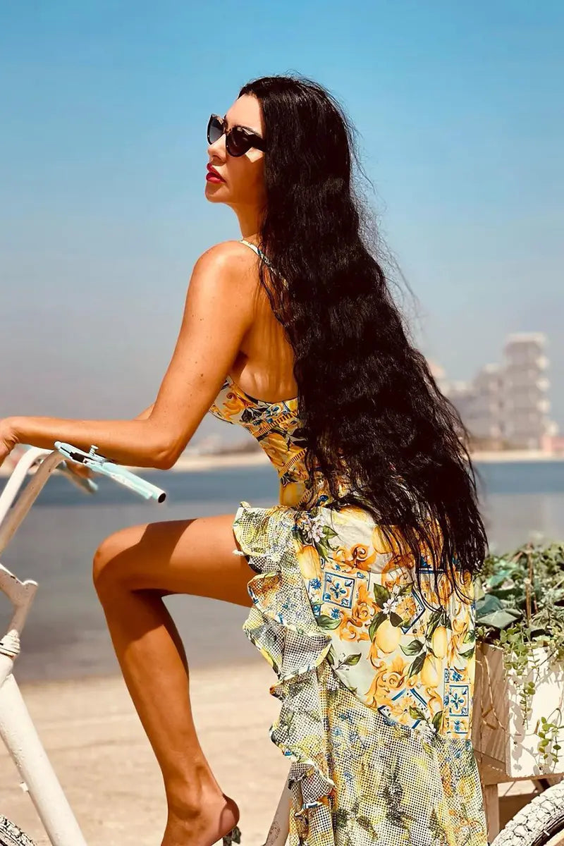 Mesh Lemon Print Swimsuit Set