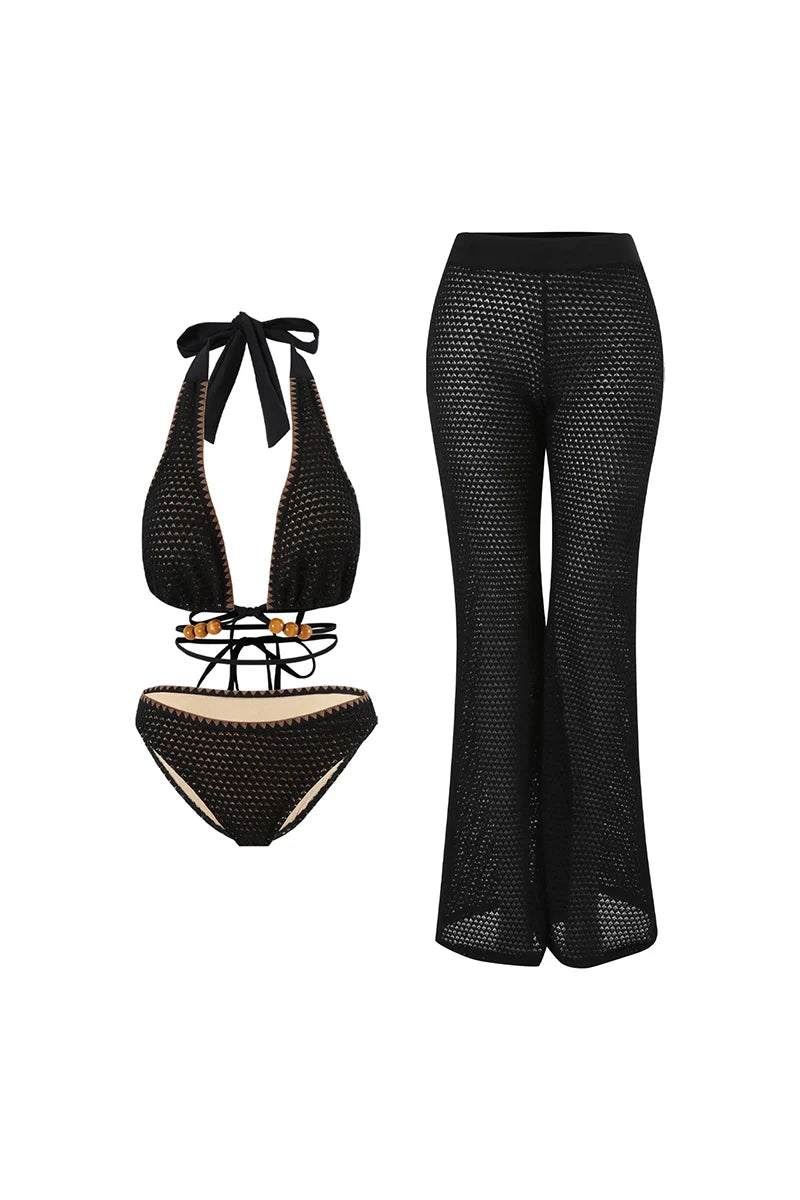 Beaded Knit Tie-String Black Bikini Set
