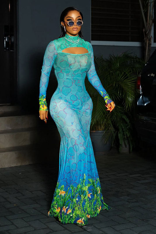 Underwater Print Mermaid Maxi Dress Underwater Print Mermaid Maxi Dress