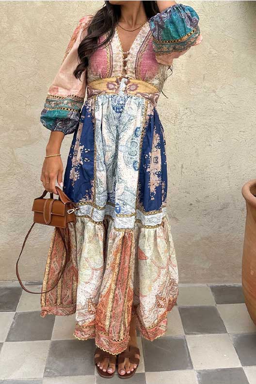 fitted lace wedding dress Retro Print Ethnic Style Dress