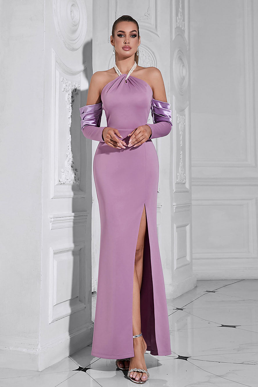 Elegant Enaxlad Pälskrage Slim Midi Klänningar