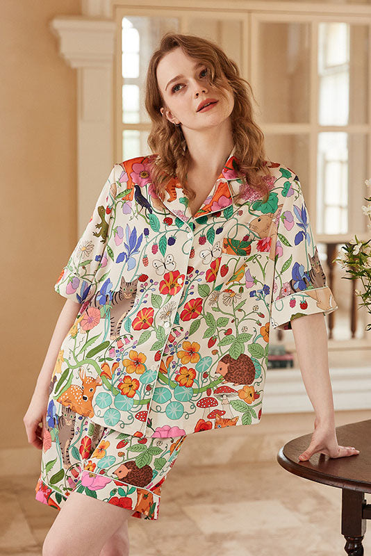 Ensemble de vêtements d'intérieur court en soie glacée à imprimé Forest Garden blanc