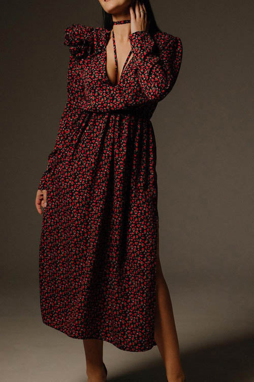 Abito midi con scollo a V e fiori Bertha