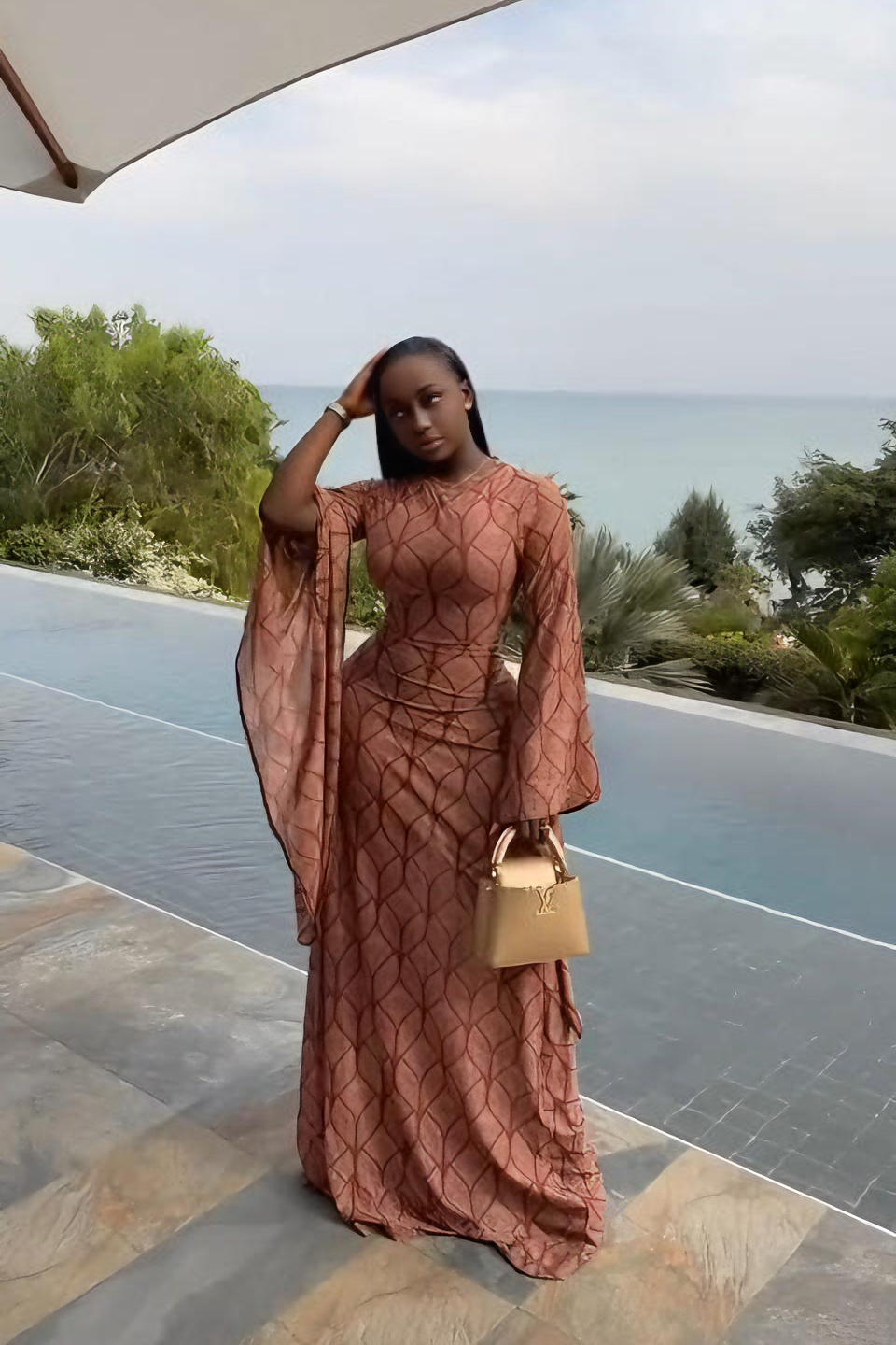 Mocha Rose Geometric Print Sheer Maxi Dress