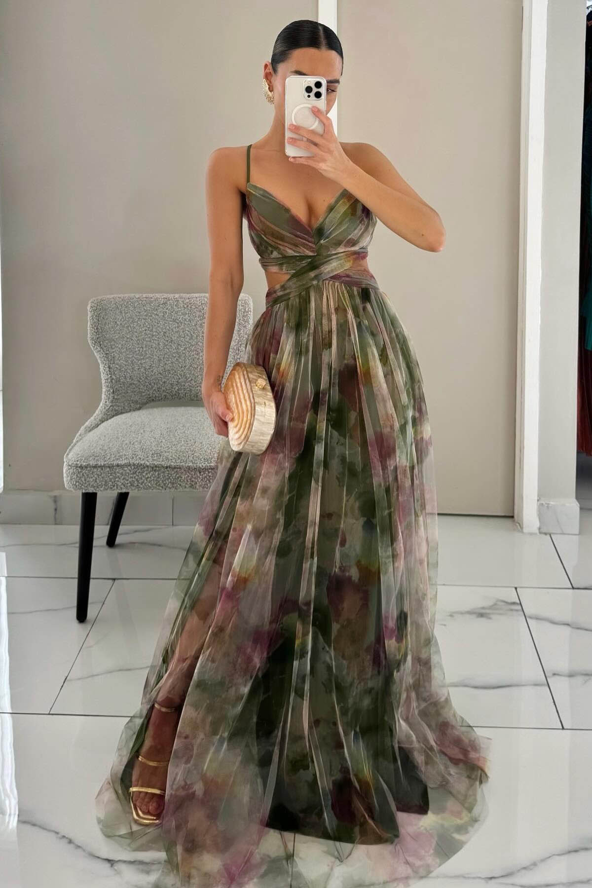 Baskılı Çiçek Desenli V Yaka A-Line Maxi Elbise