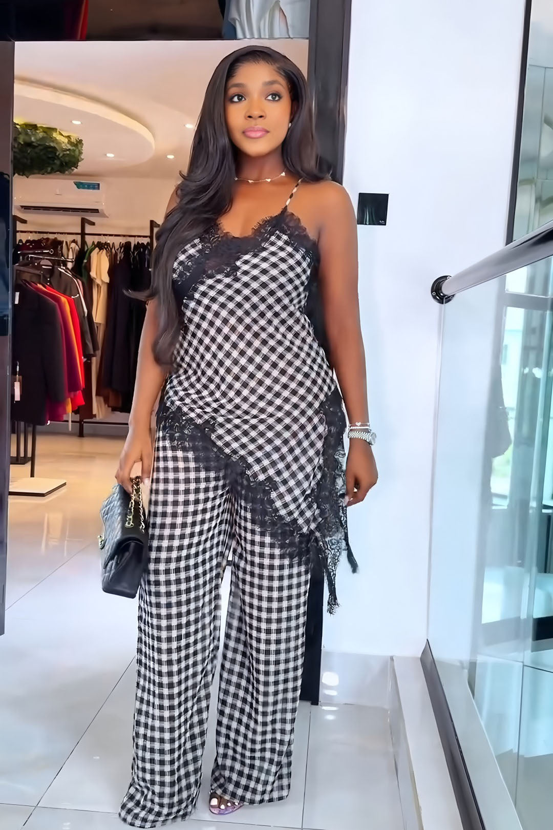 Set camisole din dantelă gingham