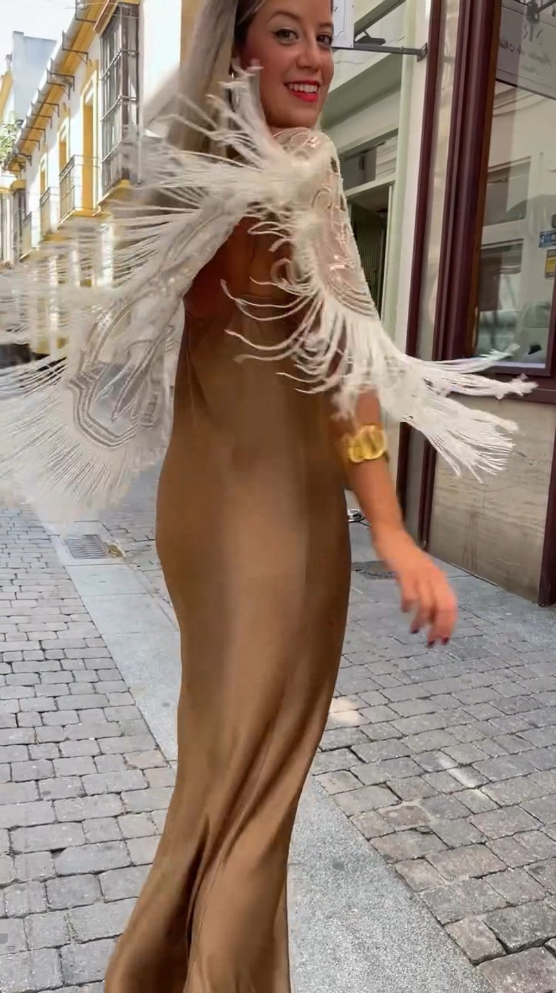 Party Ready Sequin Fringe Cape Satin Dress