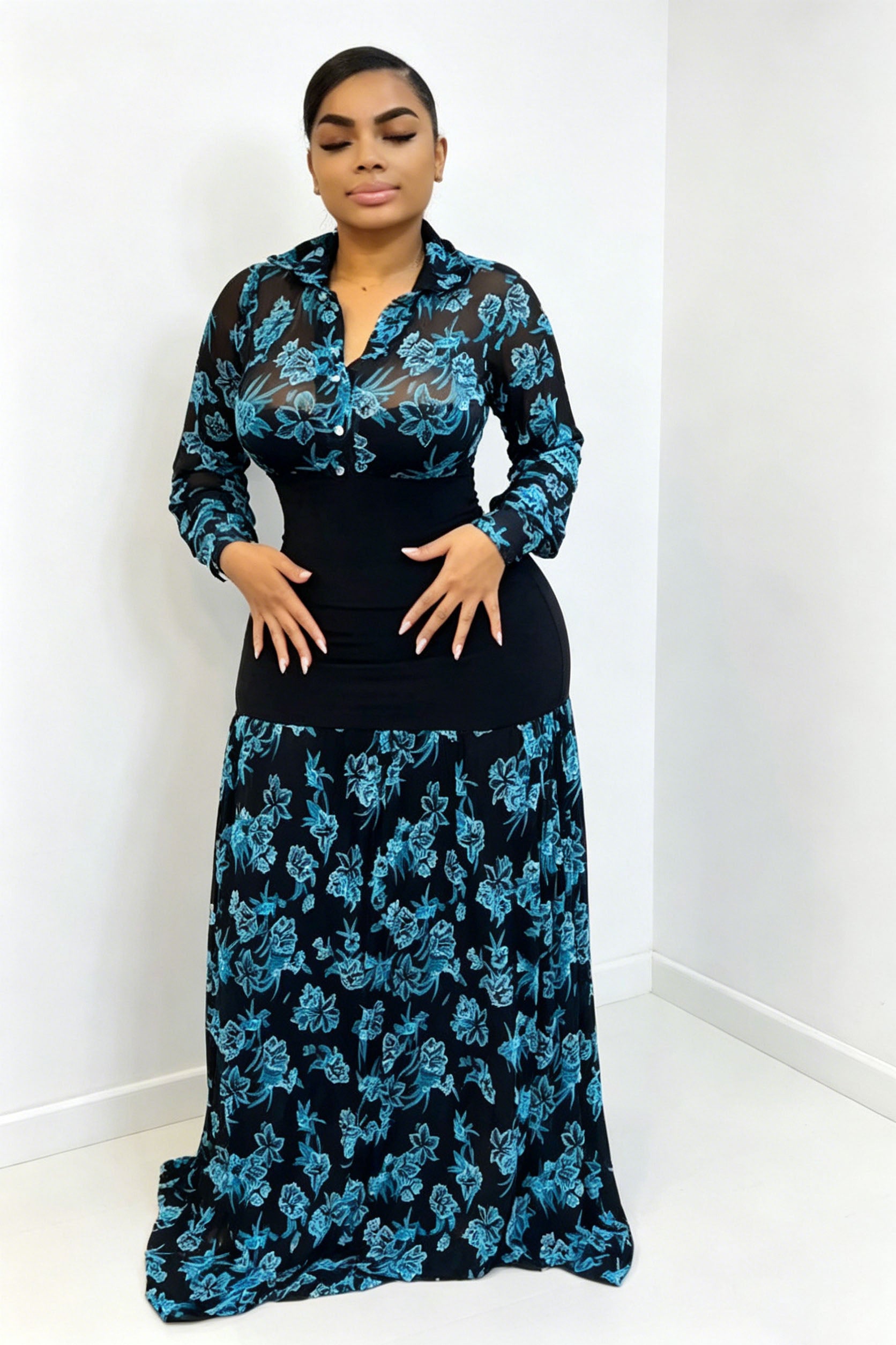Stand Mesh Color Block Maxi Dress