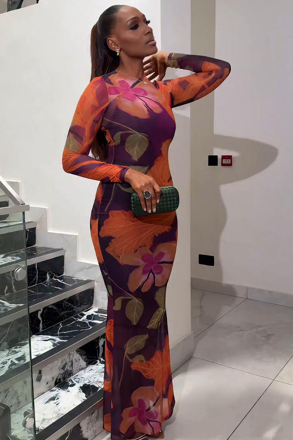 Luxury Floral High-Neck Mermaid Maxi Dress