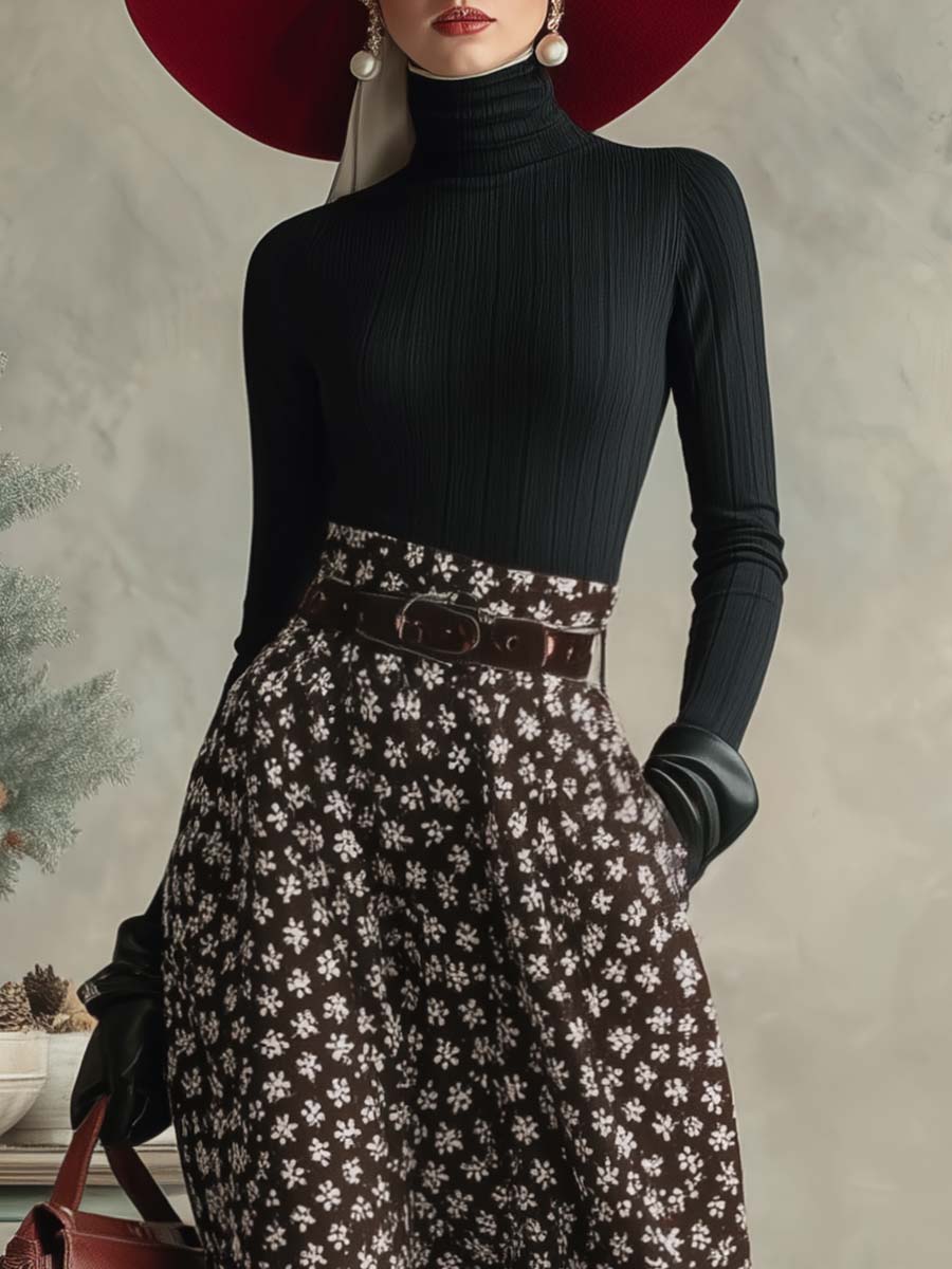 Ensemble élégant rétro : haut col roulé noir et jupe longue marron à imprimé flocon de neige