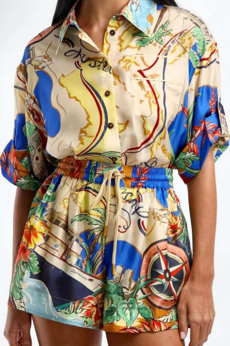 Eenzegaarteg gedréckt Taille Shorts Zwee-Stéck Set