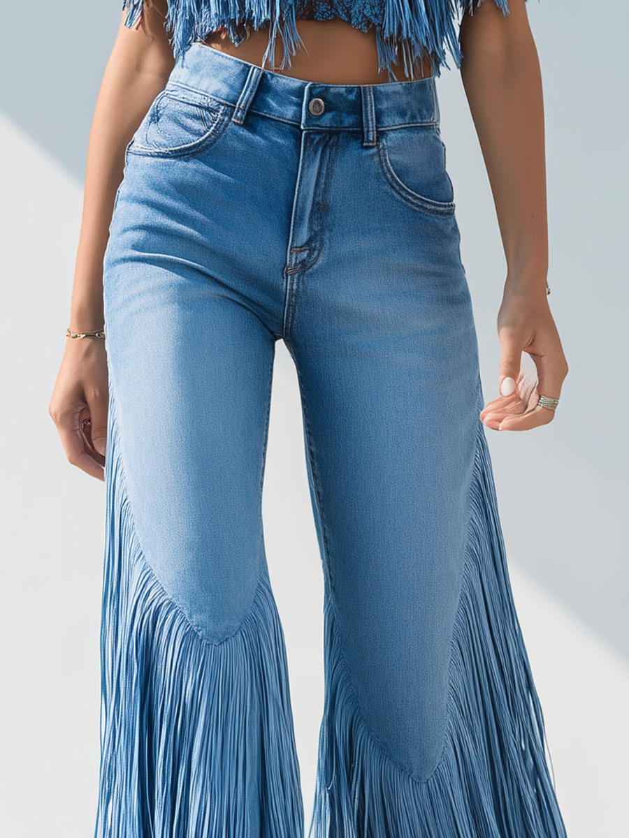 Trendy retro džíny s rozšířenými nohavicemi a třásněmi