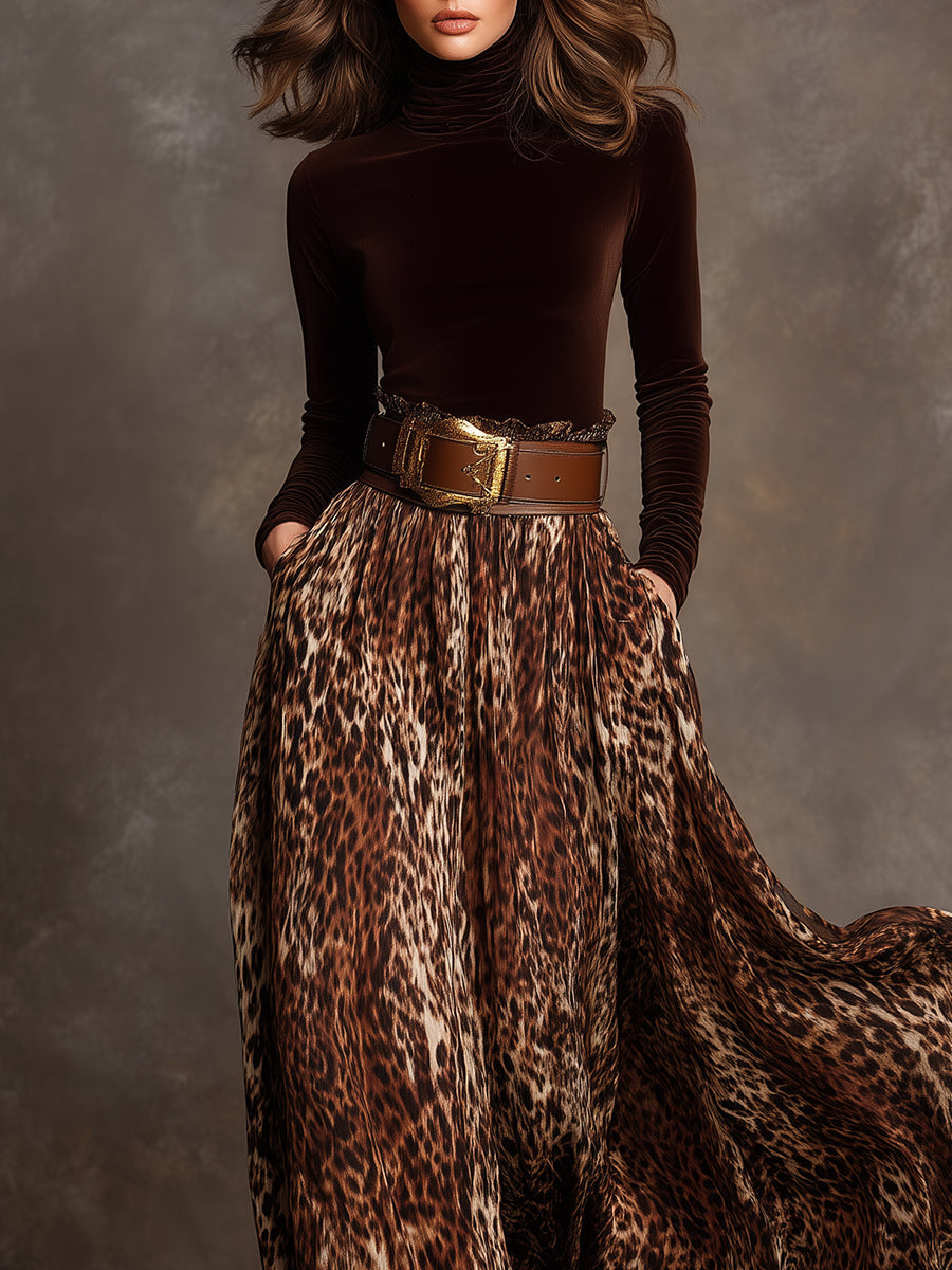 Ensemble élégant col roulé en velours et jupe longue imprimé léopard avec ceinture