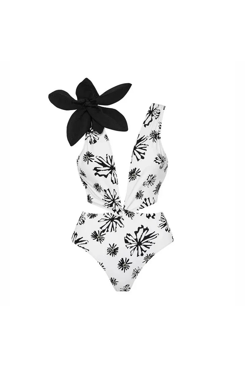 Floral Appliqué Printed White One-Piece Swimsuit