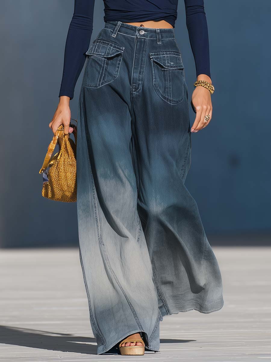 Casual mode gradient gewassen denim blauwe grijze losse broek