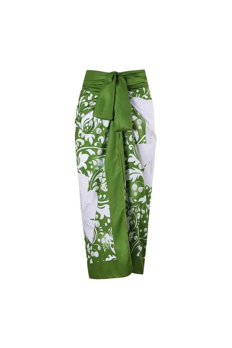 Green Swimsuit Set Pearl Floral Embellishments