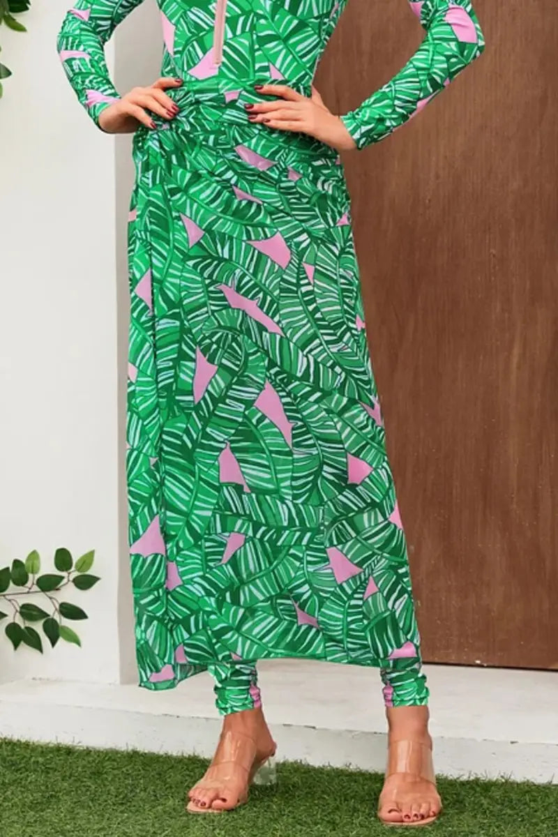 Green Zip Long Sleeve Printed Surf Swimsuit Set