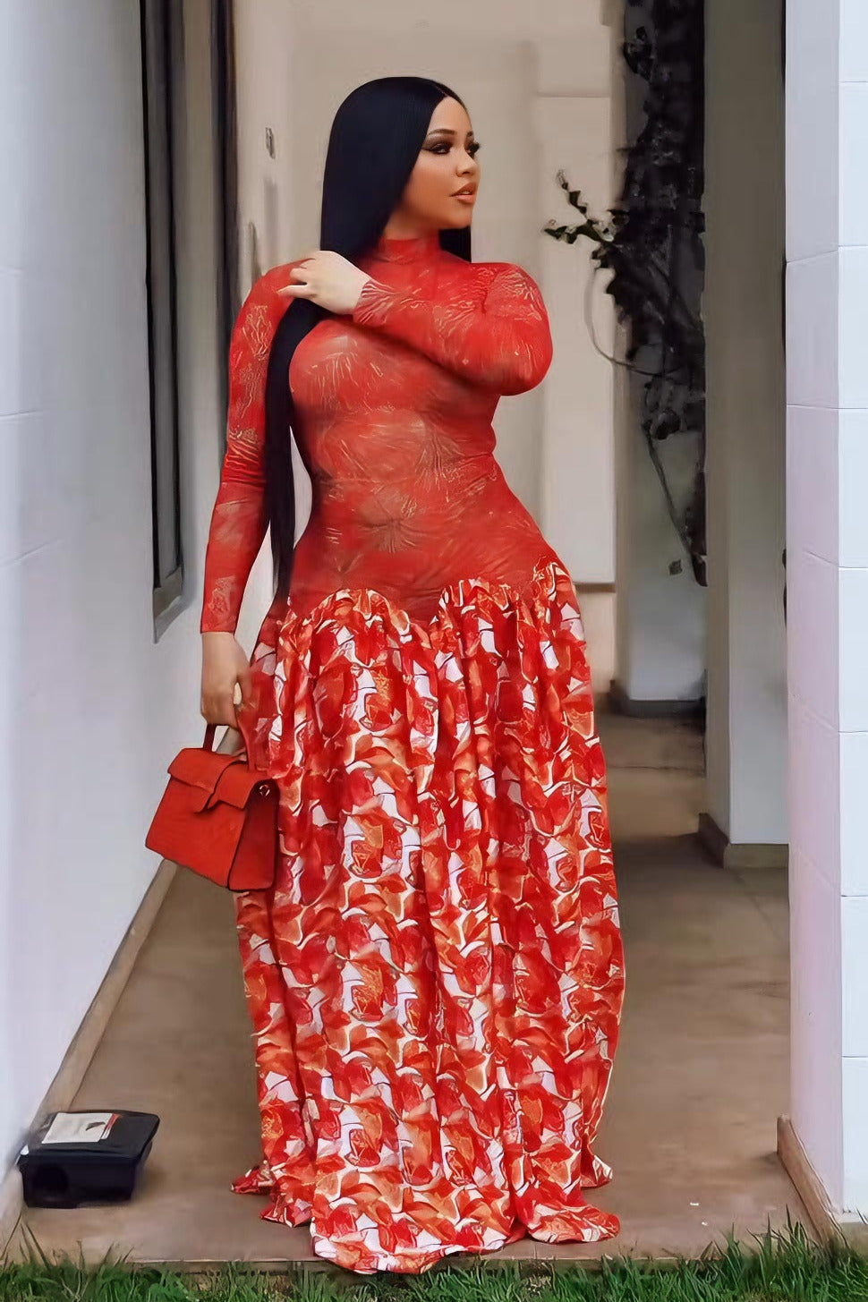 Vibrant Red Sheer Floral Maxi Dress