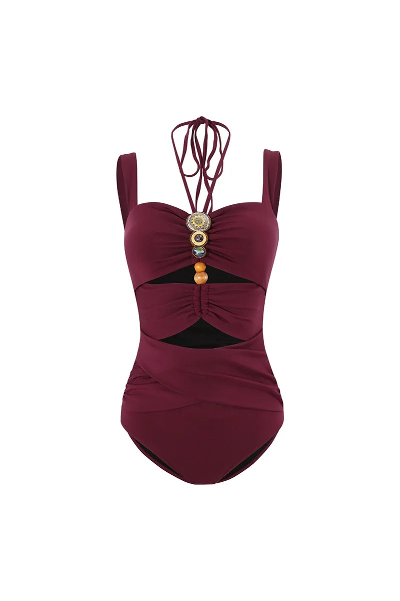 Burgundy Boho Beaded Cutout Swimsuit Set