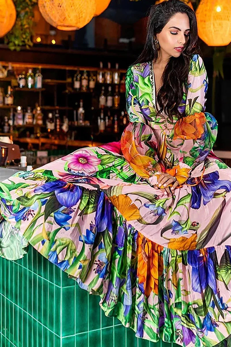 Deep V Lantern Sleeve Printed Swimsuit Set